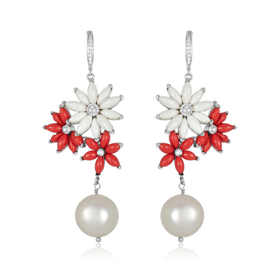 Coral Diamond Fresh Water Pearl Earrings