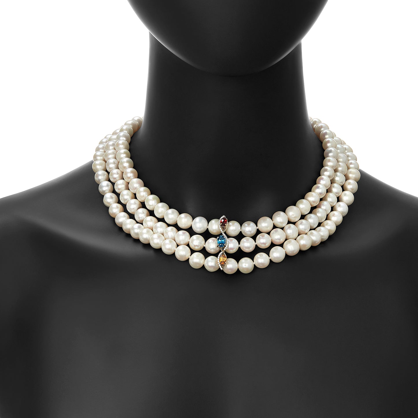 Triple Gemstone Pearl Necklace