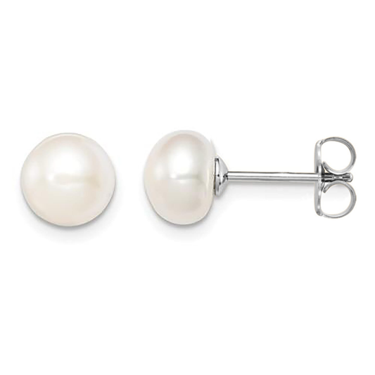 8mm Button Fresh-Water Pearl Stud  Earring - White Gold