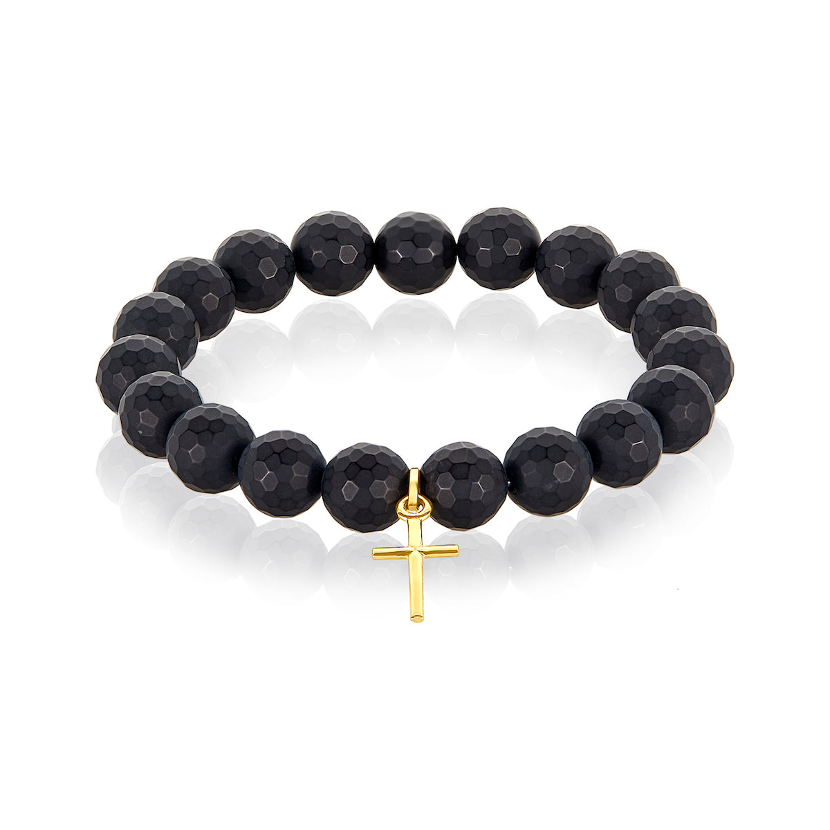 14 Karat Cross Charm Faceted Black Onyx Bracelet