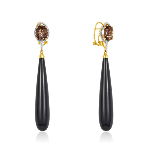 Smoky Quartz 18k Yellow Gold Onyx Drop Earring