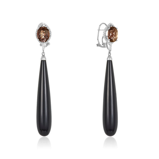 Smoky Quartz 18k White Gold Onyx Drop Earring