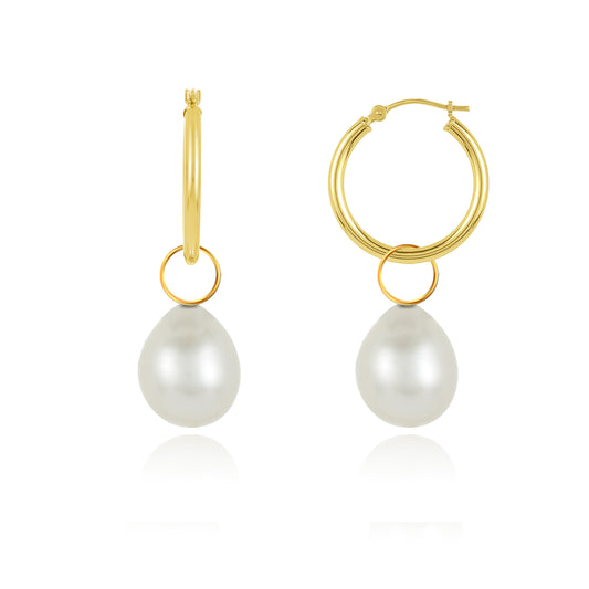 Two-In-On Yellow Gold Pearl Charm Hoop Earrings