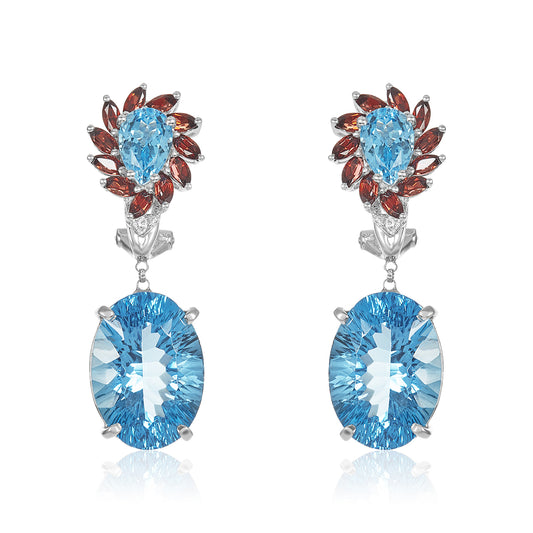 Blue Topaz, Garnet & Diamond Earrings