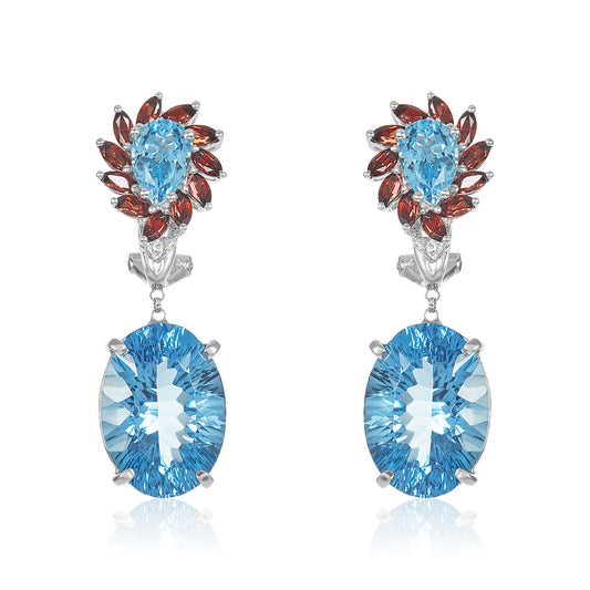 Blue Topaz, Garnet & Diamond Earrings