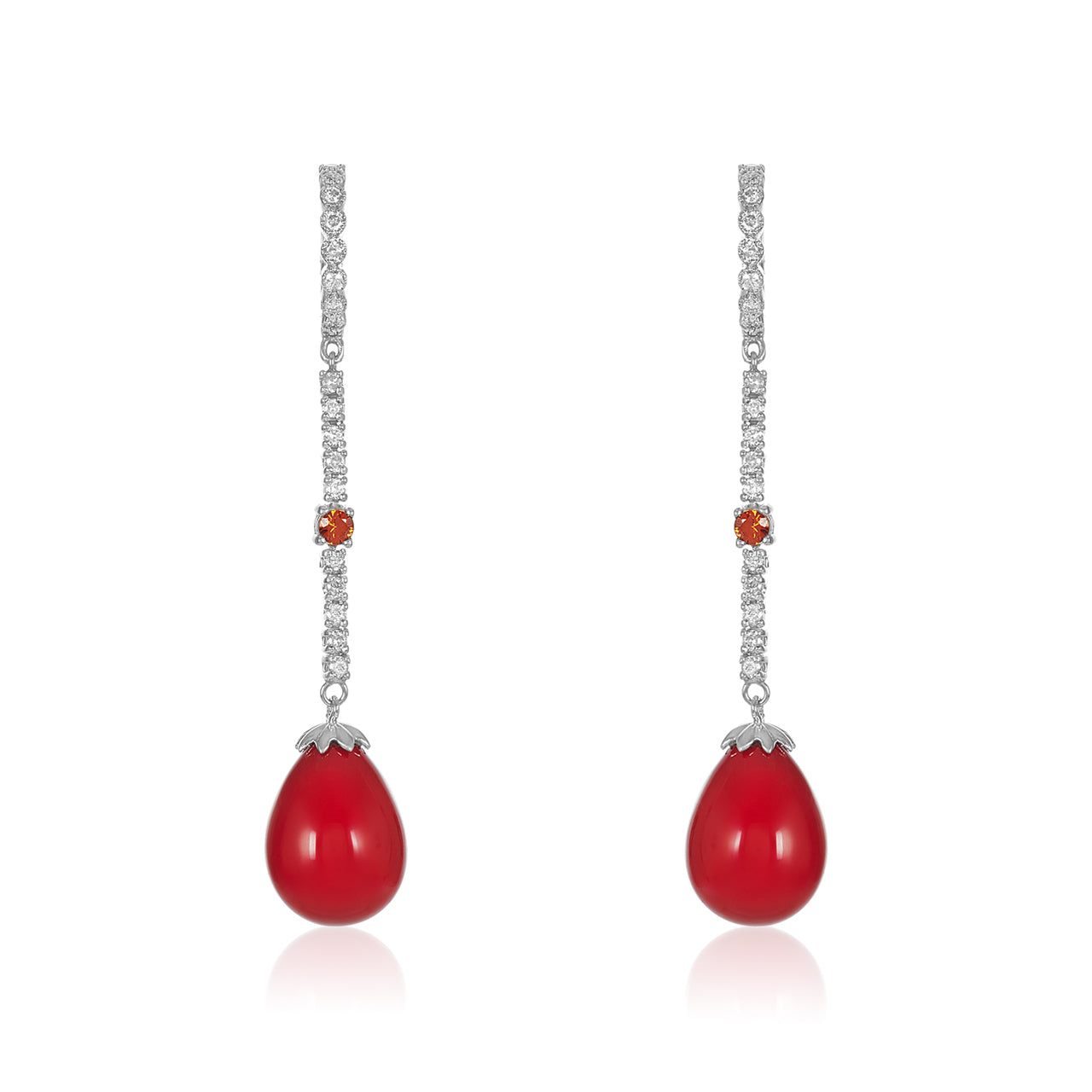 Tear Drop Red Coral, Sapphire & Diamond Earring