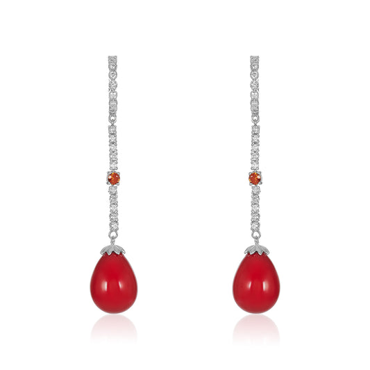 Tear Drop Red Coral, Sapphire & Diamond Earring