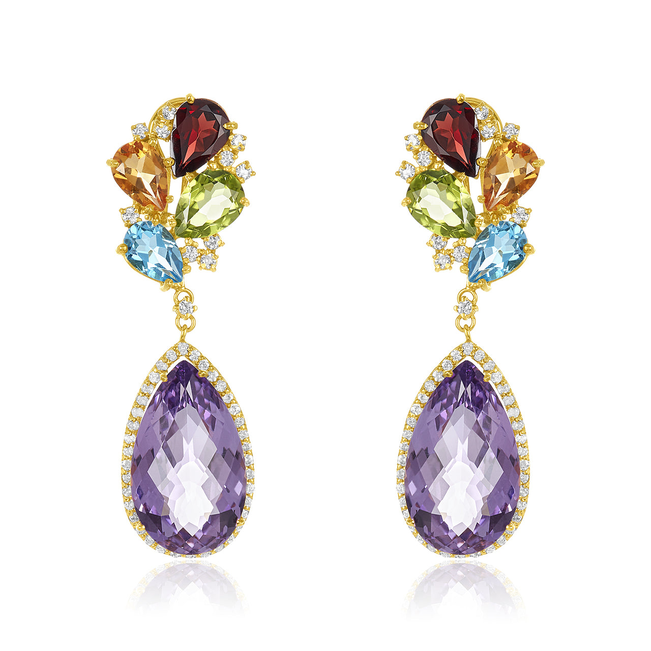 Pear Shaped Amethyst Multi-Colored Gemstone & Diamond Earring