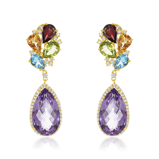 Pear Shaped Amethyst Multi-Colored Gemstone & Diamond Earring