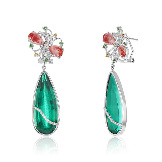 Green Garnet, Coral & Diamond Earring