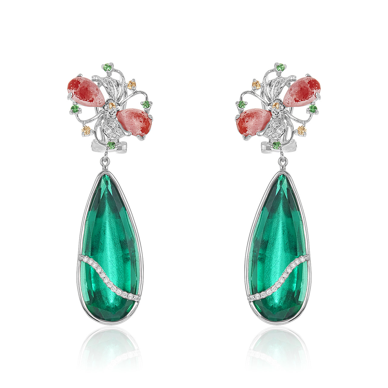 Green Garnet, Coral & Diamond Earring