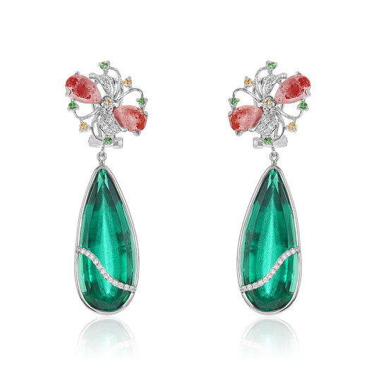 Green Garnet, Coral & Diamond Earring