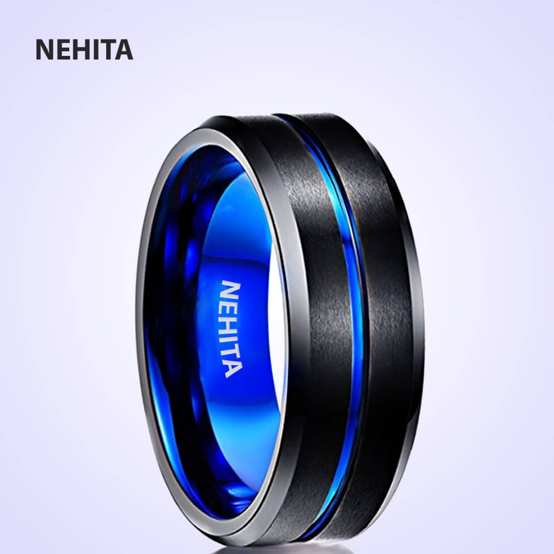 Nehita Black Tungsten Ring With Ion Plated Cobalt Blue Stripe