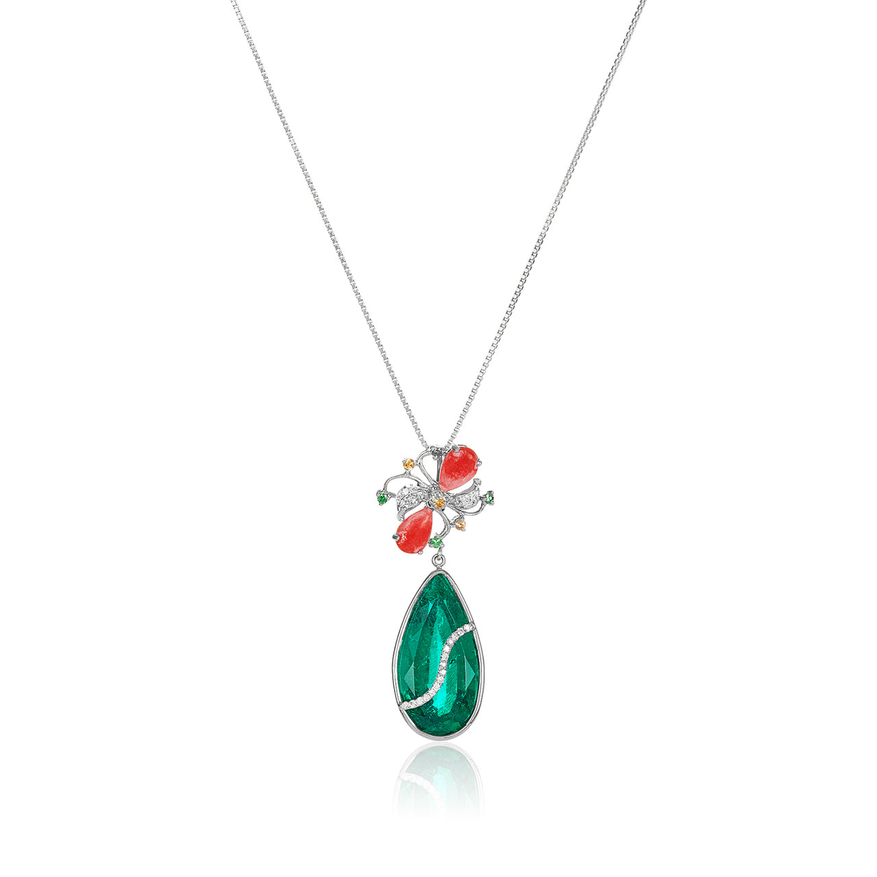 Green Garnet, Coral & Diamond Pendant