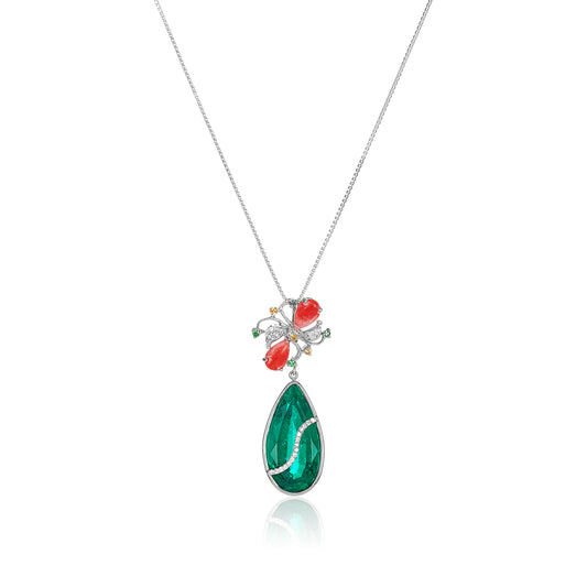Green Garnet, Coral & Diamond Pendant