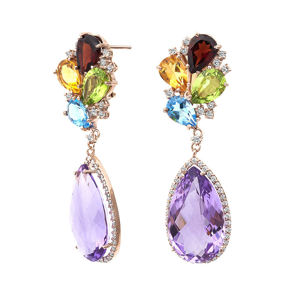 Pear Shaped Amethyst Multi-Colored Gemstone & Diamond Earring