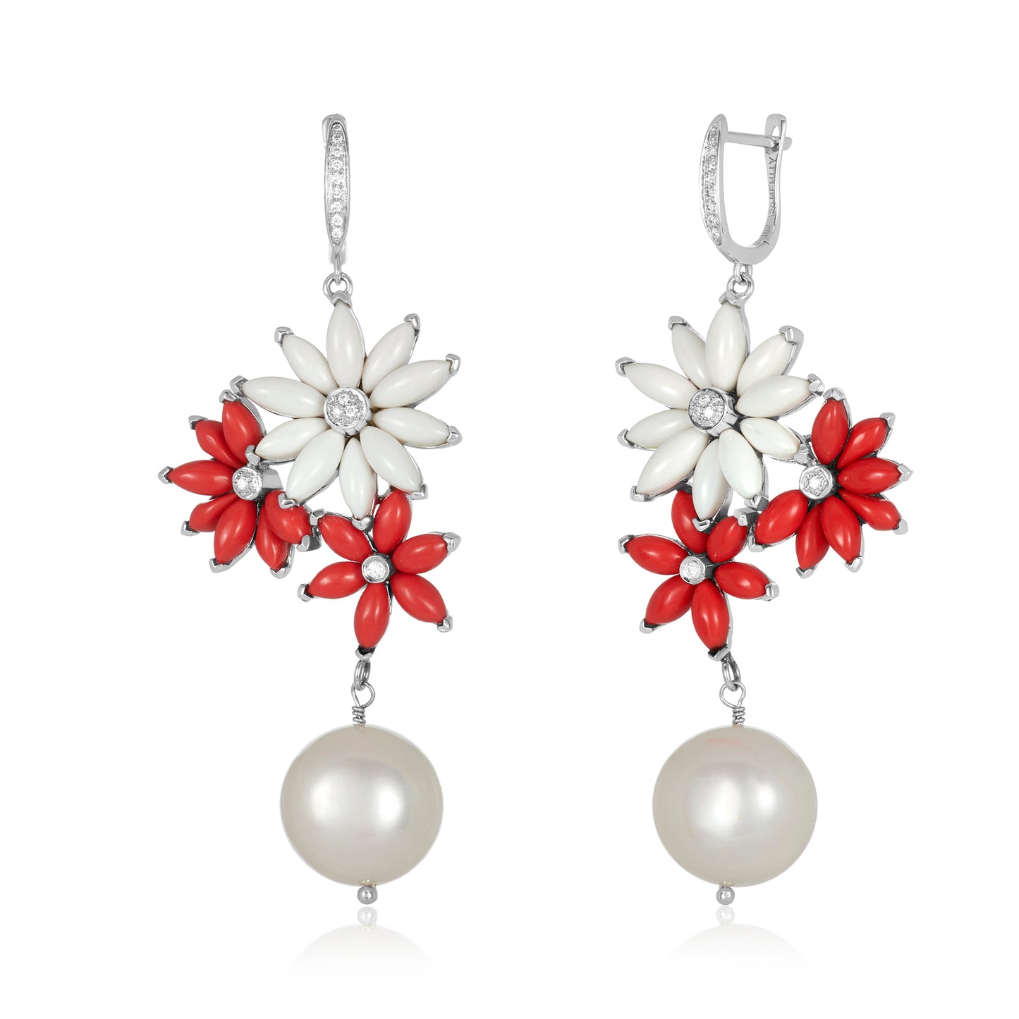 Coral Diamond Fresh Water Pearl Earrings