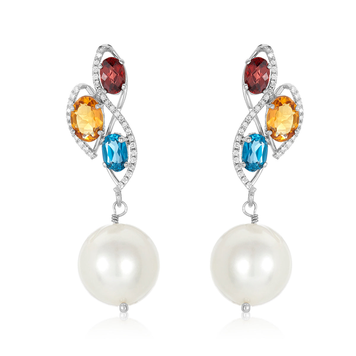 Triple gemstone pearl earrings