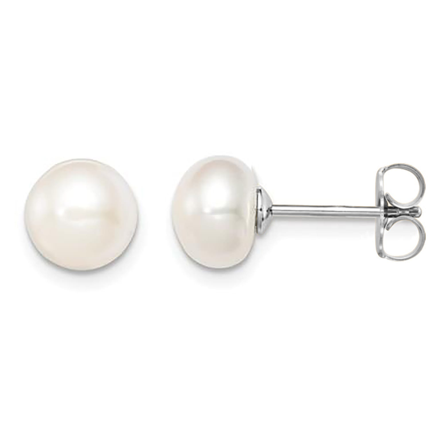 8mm Button Fresh-Water Pearl Stud  Earring - White Gold