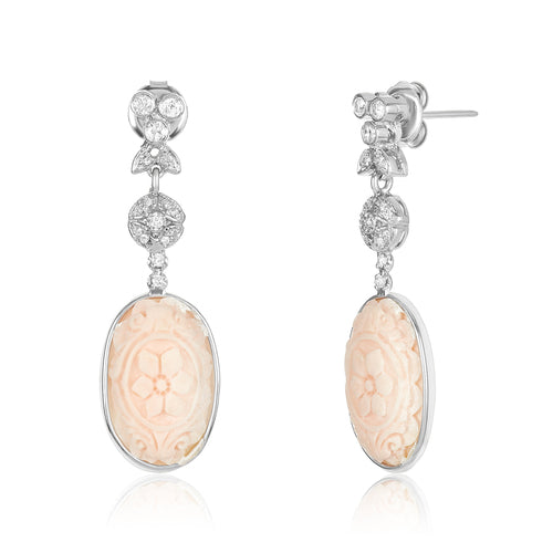 Carved Oval Shape Coral Diamond Earring