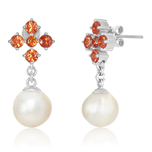 Orange Sapphire Pearl Earrings