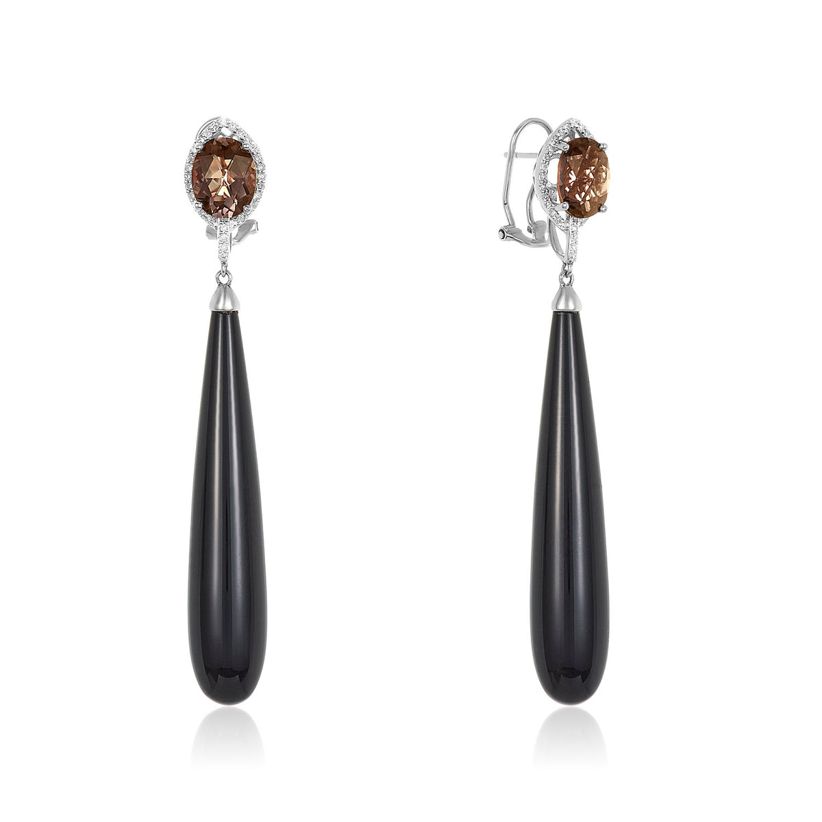 Smoky quartz 18k yellow gold onyx drop earring