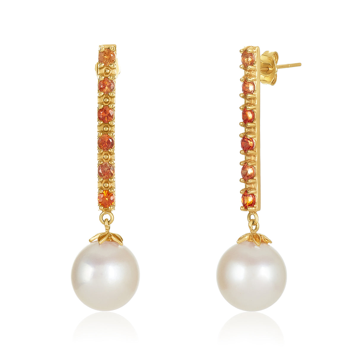 Drop orange sapphire fresh water pearl earrings