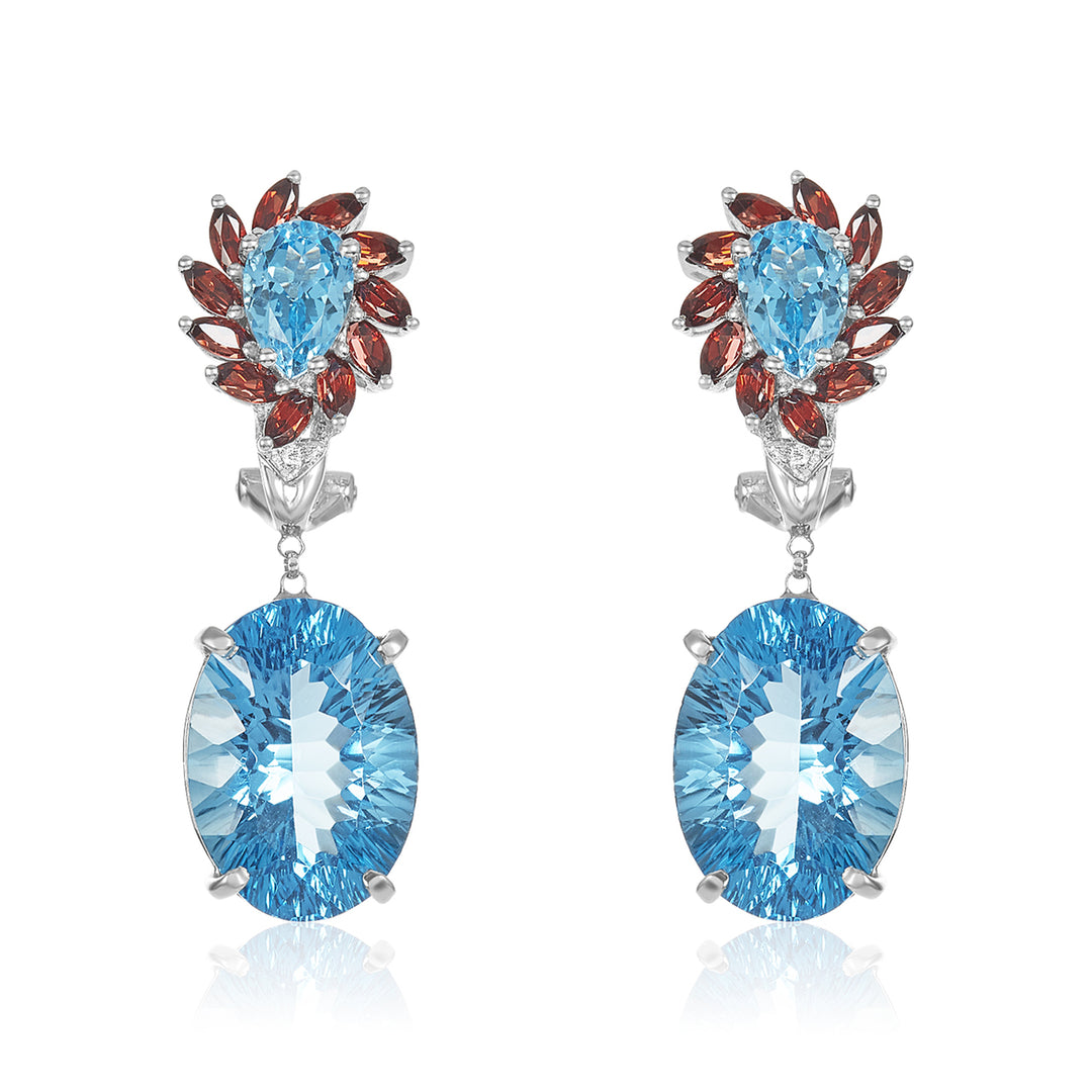 Blue Topaz, Garnet & Diamond Earrings