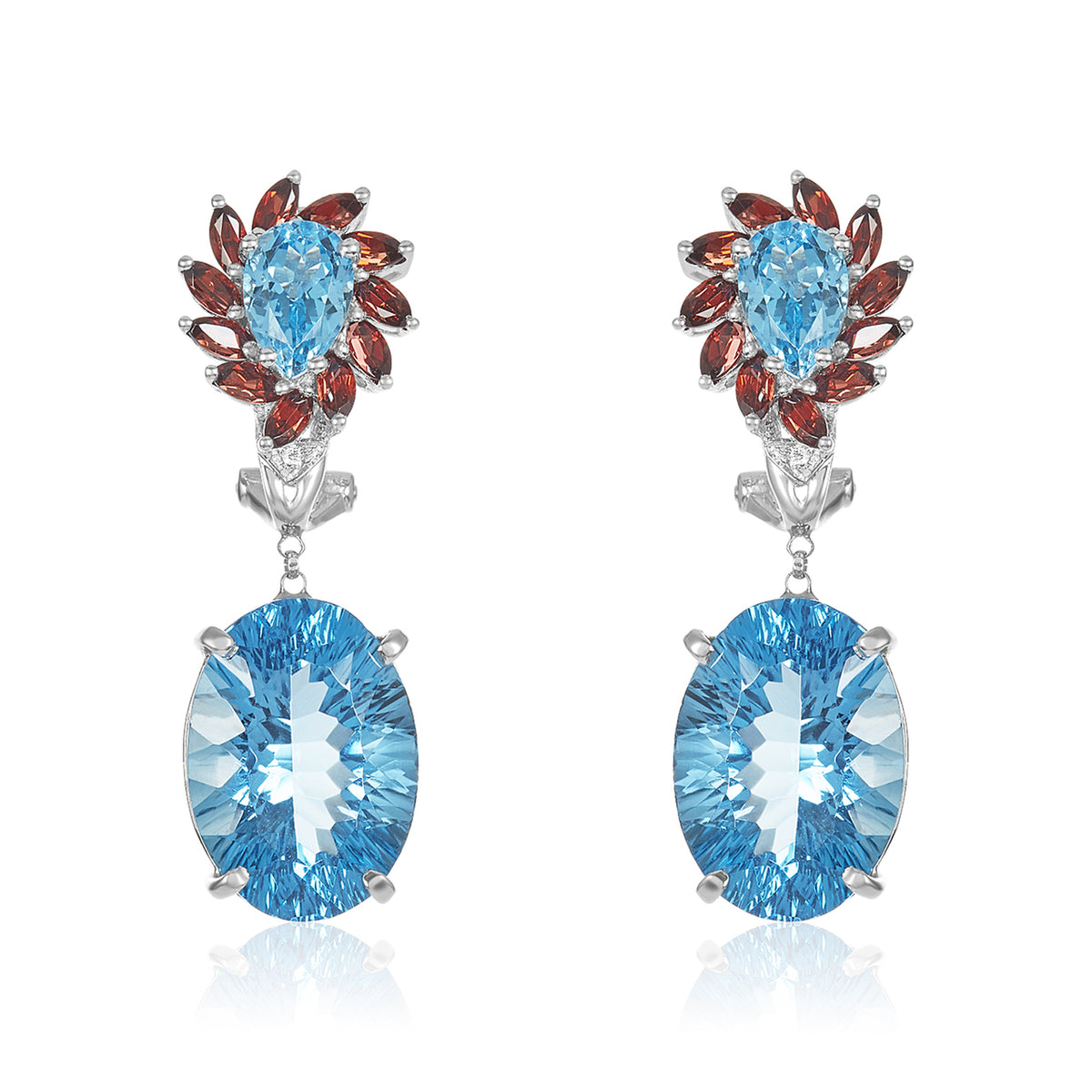 Blue topaz, garnet & diamond earrings