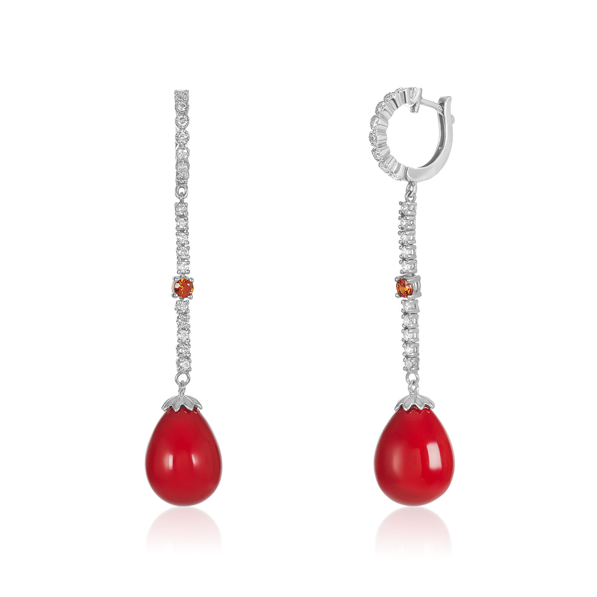 Tear drop red coral, sapphire & diamond earring