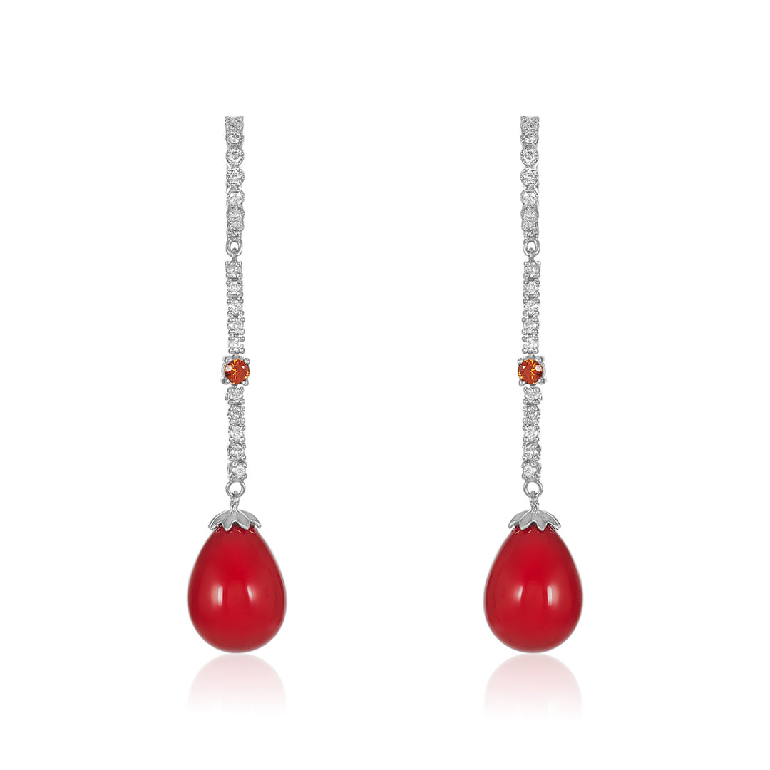 Tear Drop Red Coral, Sapphire & Diamond Earring