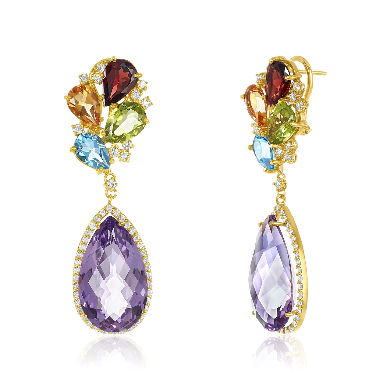 Pear Shaped Amethyst Multi-Colored Gemstone & Diamond Earring