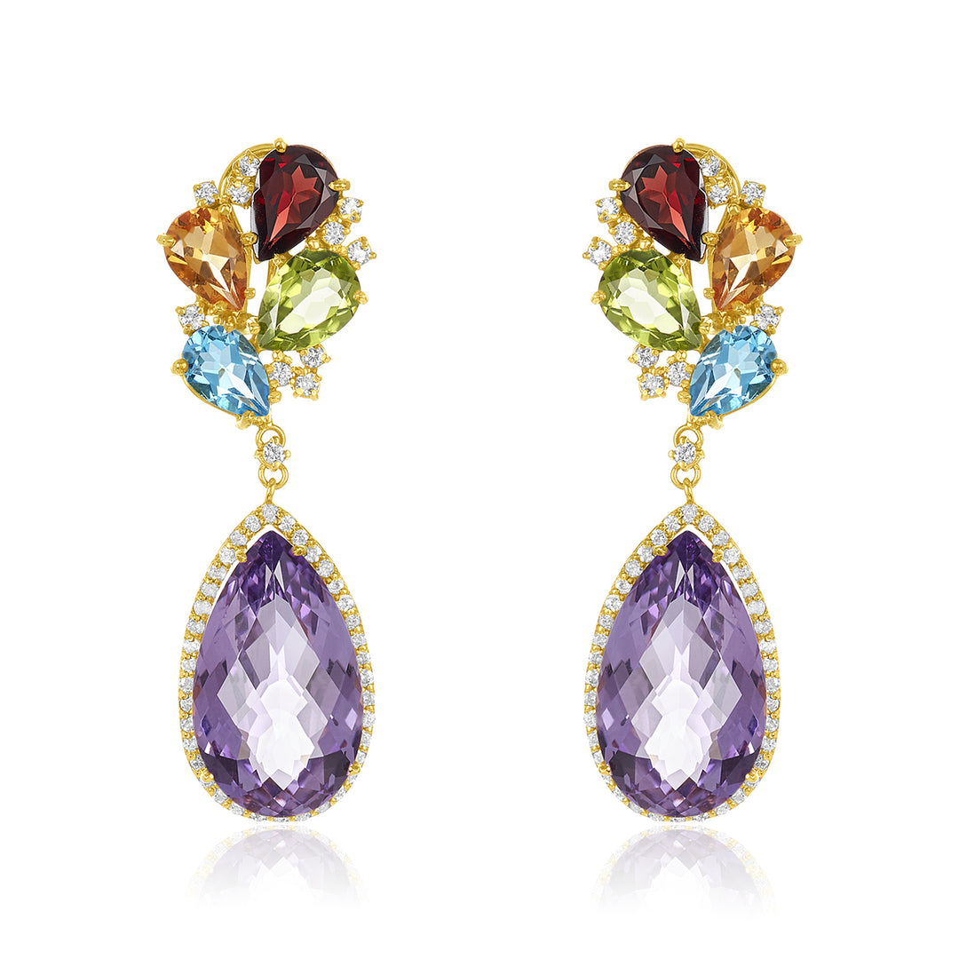 Pear Shaped Amethyst Multi-Colored Gemstone & Diamond Earring