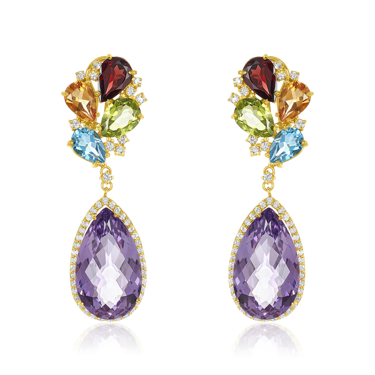 Pear shaped amethyst multi colored gemstone & diamond earring