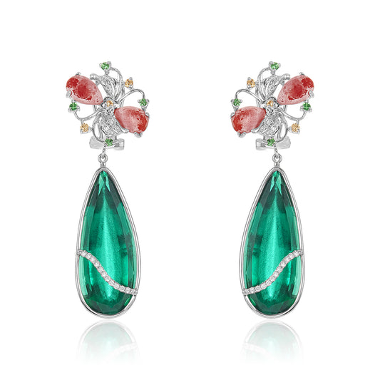 Green Garnet, Coral & Diamond Earring
