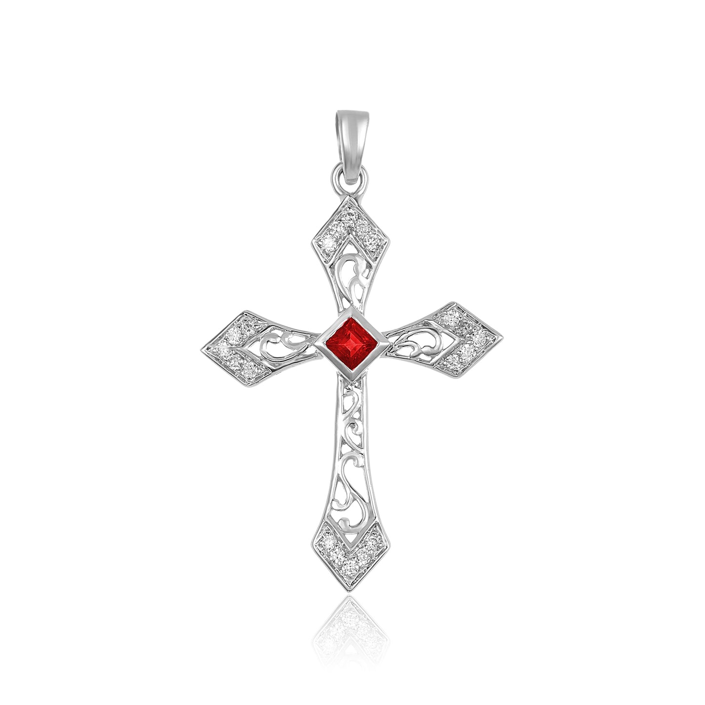 18k White Gold Diamond & Ruby Cross Pendant
