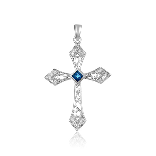 18k White Gold Diamond & Sapphire Cross Pendant
