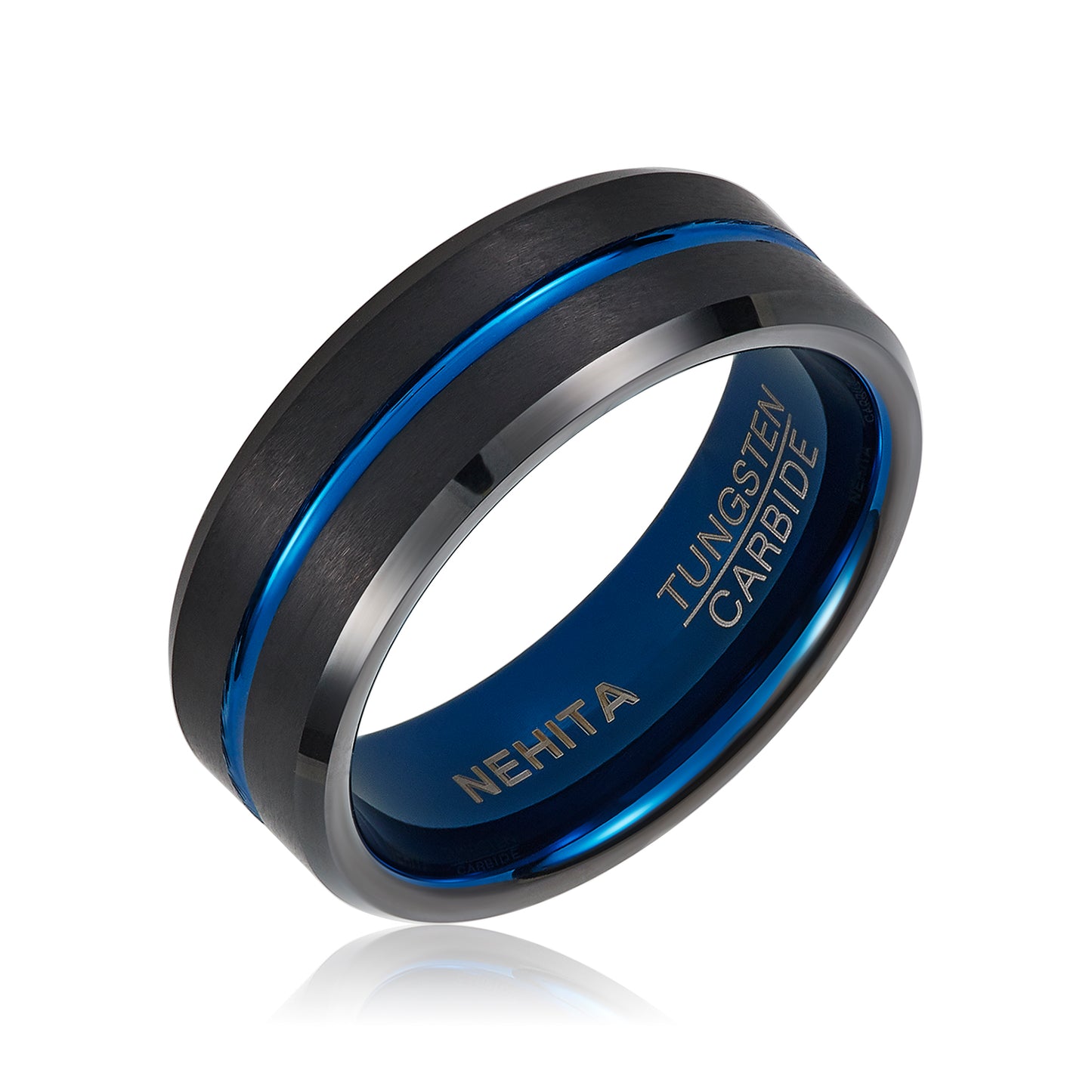 Nehita Black Tungsten Ring With Ion Plated Cobalt Blue Stripe