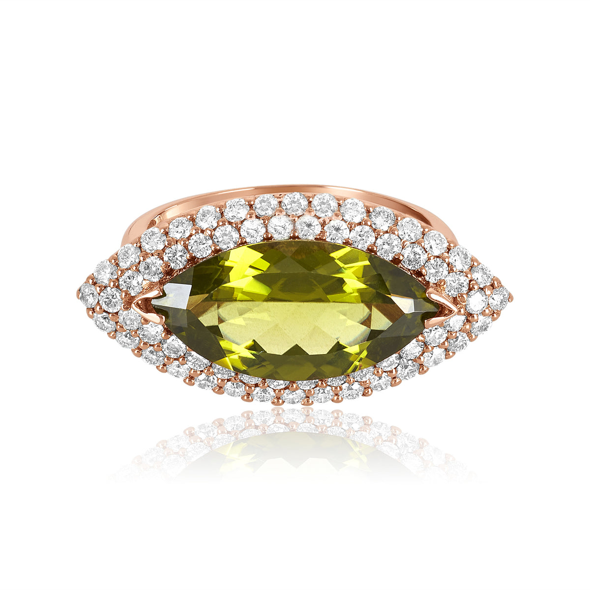 Marquise shaped peridot & diamond ring