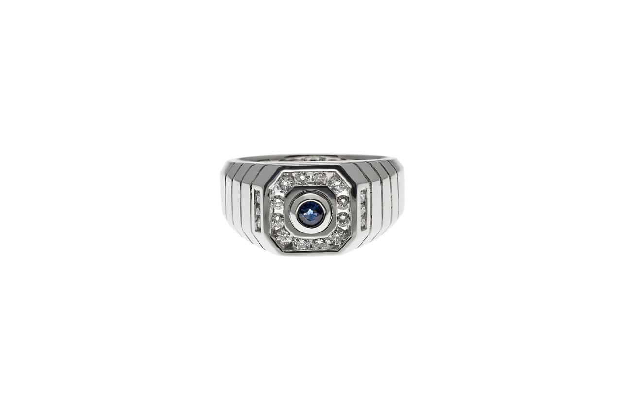 Grooved Shank Diamond & Blue Sapphire Ring